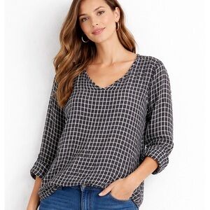 FLAX Brand 100% Linen Top Size Large L Black White Plaid Lagenlook Scoop Neck